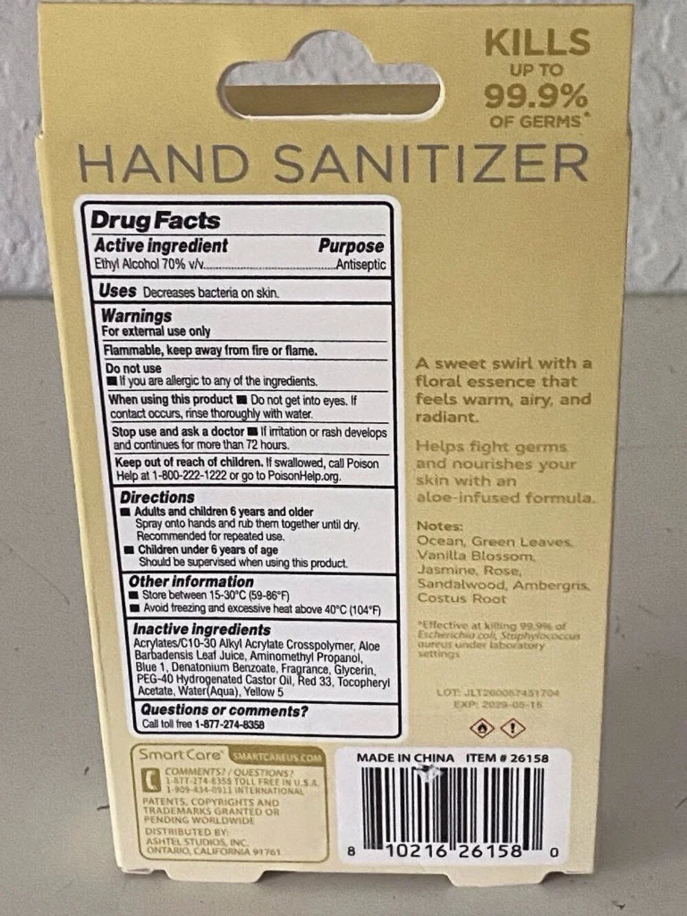 Smart Care Scented Hand Sanitizer Spray 1.35 Oz Vanilla Blossom Beaded Wristlet